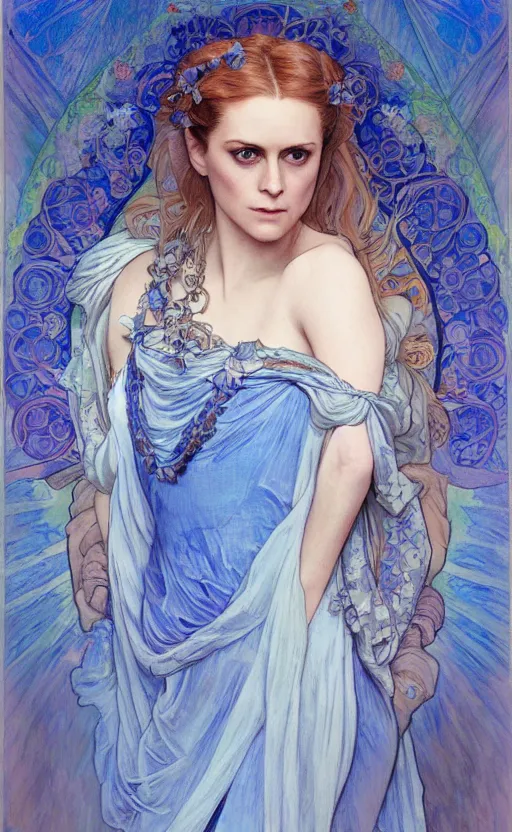 Image similar to delores ( evan rachel wood ) from westworld in blue dress as a goddess in alfons mucha style, highly detailed, pastel colors, smooth lines ， artgerm, artstation