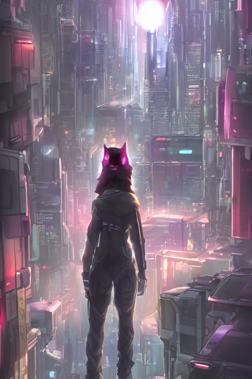 Prompt: a cyberpunk anthropomorphic cat with a fluffy tail staring over a futuristic city from the top of a roof, comic art, trending on furaffinity, cyberpunk, backlighting, cartoon, by kawacy