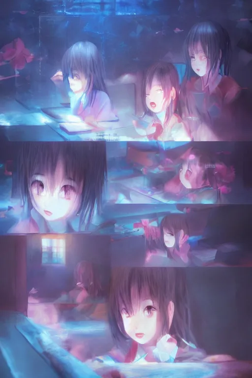 Prompt: 3d infrared octane render concept art by Mo Xiang Tong Xiu, by Igarashi Daisuke, by makoto shinkai, cute beauty cozy portrait anime sad schoolgirls under dark pink and blue tones, mirror room. light rays. water bellow. pretty sad face. dramatic deep light, trending on artstation, oil painting brush