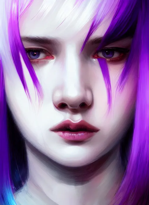 Image similar to hair whitebangs hair, black hair, whitebangs, portrait of teenage girl with white bangs, red irises, purple clothes, white bangs, bangs are different color from hair, intricate, elegant, glowing lights, highly detailed, digital painting, artstation, concept art, smooth, sharp focus, illustration, art by wlop, mars ravelo and greg rutkowski