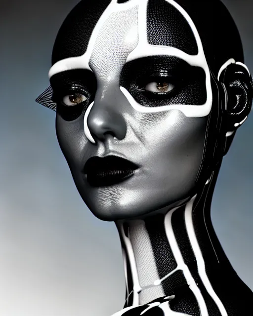 Prompt: black and white cyborg-plant goddess high quality fashion portrait, artificial intelligence, bio-mechanical bio-luminescence, artificial spider web, neurons, nerve cells, octane render, cinematic, hyper realism, photo-realistic, high detail, 8k, in the style of Steven Meisel and Dora Maar and H.G. Giger