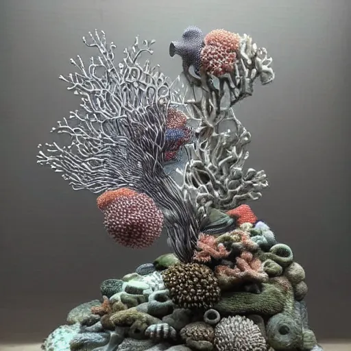 Image similar to realistic detailed silver wire sculpture of a coral reef