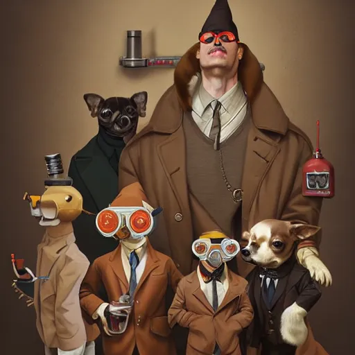 Image similar to ripped physique goggles collar Man Steampunk portrait Sherlock Patrick Bateman snout Detective Anthropomorphic furry fuzzy fashion vogue Chihuahua man wearing a Chihuahua costume wearing an engineer gnome costume gerald brom bastien grivet greg rutkowski norman rockwell portrait face head snout ears eyes illustration tombow