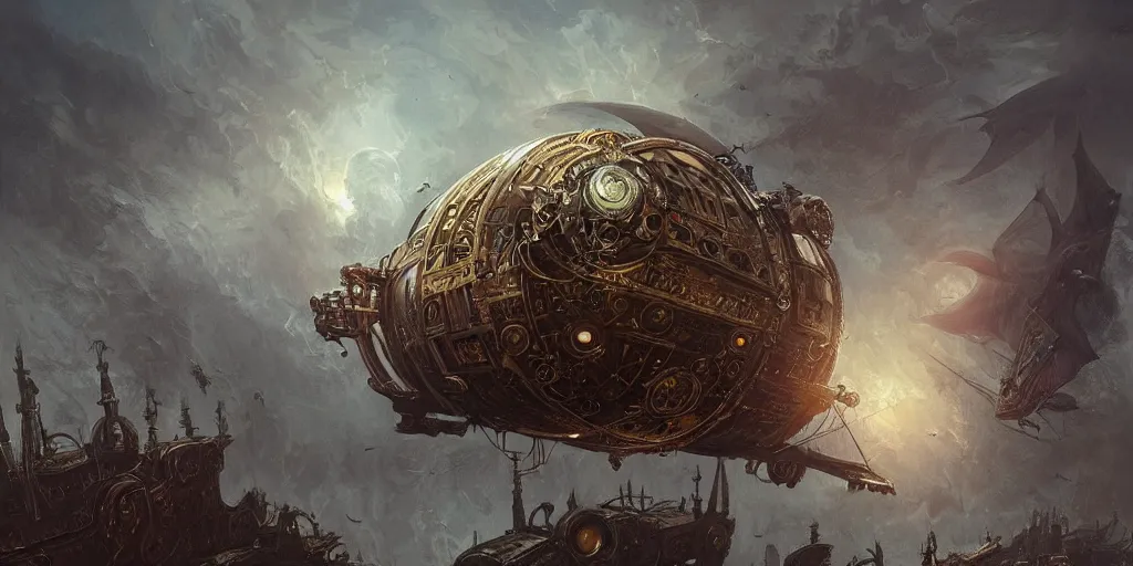 Image similar to ultra realistic illustration,, gothic steampunk airship flying in a storm from doom and warhammer, intricate, elegant, highly detailed, digital painting, artstation, concept art, smooth, sharp focus, illustration, art by artgerm and greg rutkowski and alphonse mucha