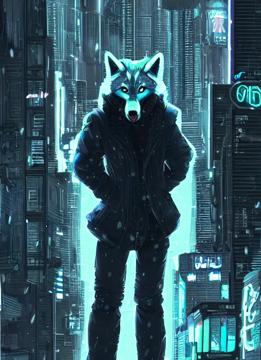 Prompt: beautiful portrait commission of a male furry anthro husky werewolf fox fursona wearing cyberpunk skater clothes. Cyberpunk city at night in the rain. Neon light. Atmospheric. Character design by charlie bowater, ross tran, artgerm, and makoto shinkai, detailed, inked, western comic book art