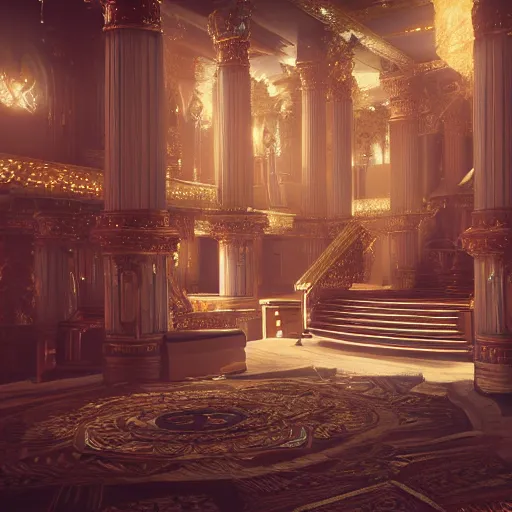 Image similar to luxurious palace of asgard interior, 8k hd concept art, hyperrealistic, ultra detailed, cinematic, cinematic lighting, featured on artstation, octane render