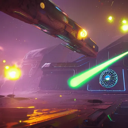 Prompt: clockwork spacestation shooting green lasers, unreal engine, fantasy art