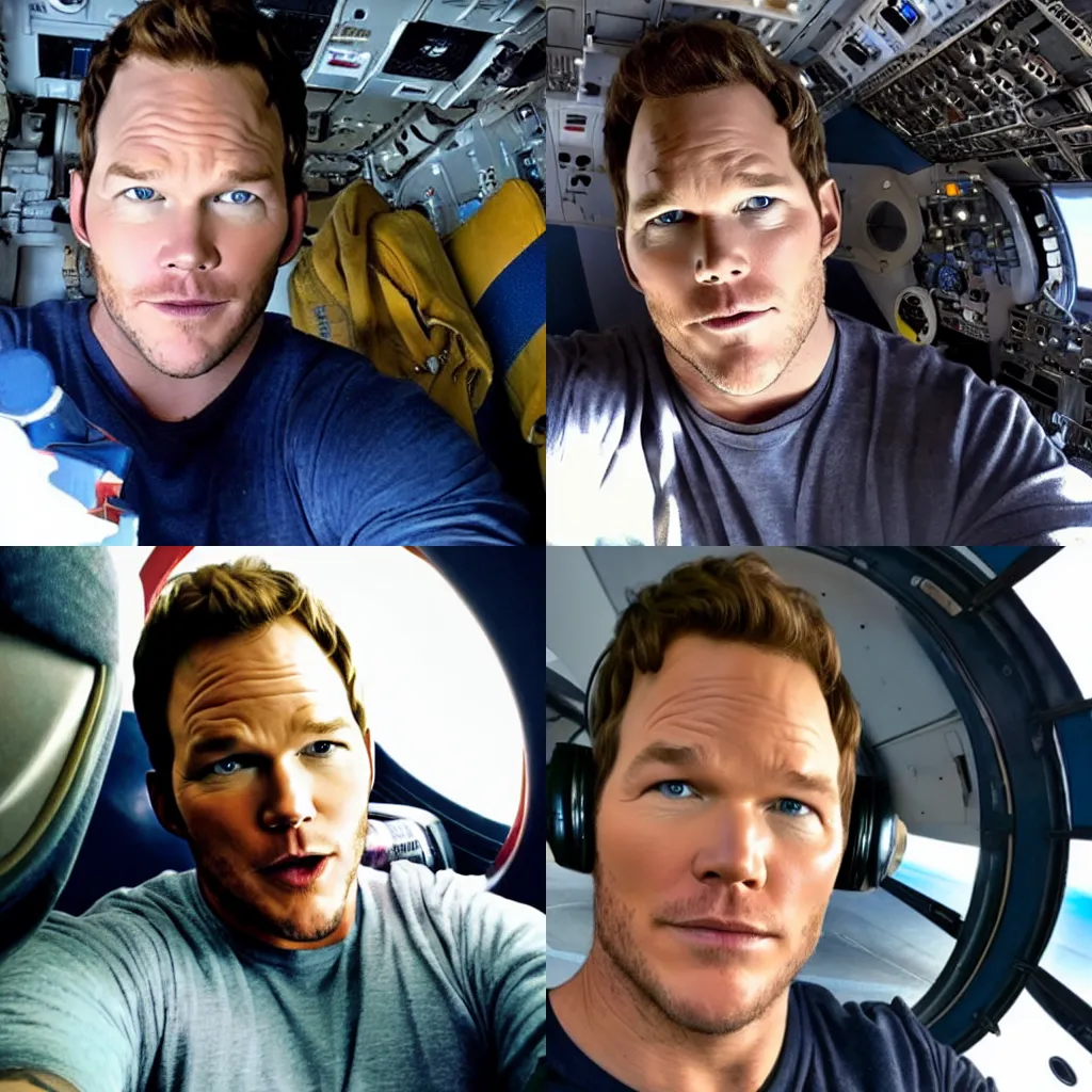 Prompt: Chris Pratt taking a selfie in an airplane cockpit, photo