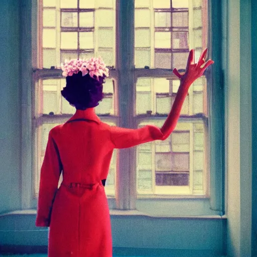 Prompt: giant flower head, girl standing by 1 9 6 0 window, surreal photography, symmetry, mid century, flat perspective, bright colours, blue sky, realistic, wes anderson