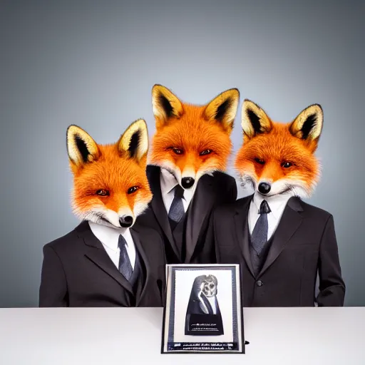 Image similar to photorealistic music album cover, with foxes animals dressed in suits, all looking at camera, studio lighting, award winning photograph, 8 5 mm f / 1. 4