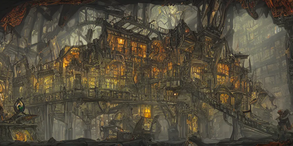 Prompt: An intensely bureaucratic villains lair with dozens of henchman doing paperwork, gridless DND map, 8k digital art, high quality,