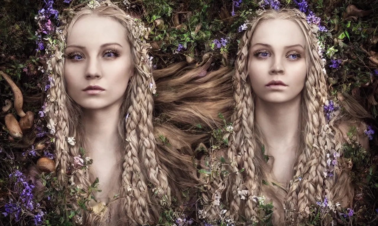 Prompt: beautiful blonde woman with plaits, forest fae, psychedelic mushrooms, magic, mystical, white witch, photorealistic, portrait, sacred geometry