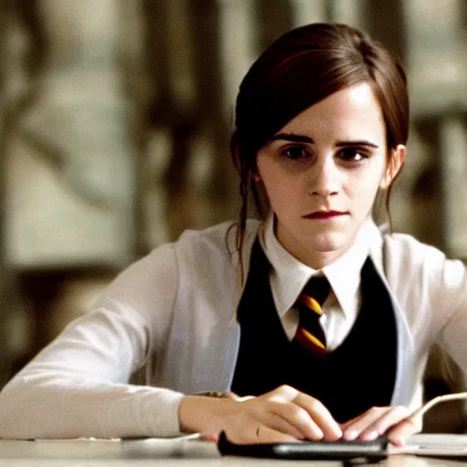 Image similar to Still from Harry Potter movies, Emma Watson using a computer during school in Hogwarts