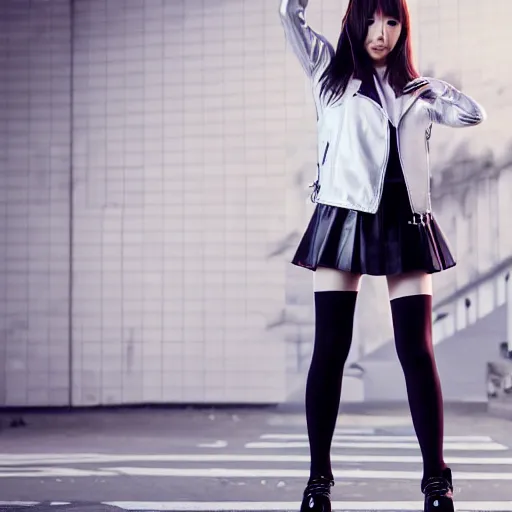 Image similar to a dynamic, epic cinematic 8K HD movie shot of a japanese young J-Pop idol girl wearing leather jacket, miniskirt, nylon tights and high heels boots. Motion, VFX, Inspirational arthouse