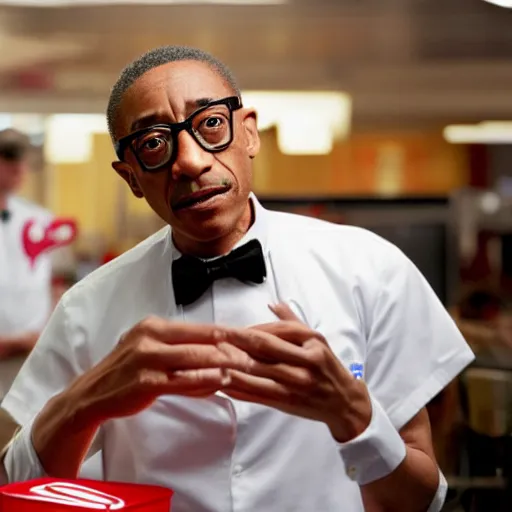 Prompt: an extremely detailed DSLR photo of Giancarlo Esposito as Gus Fring working as a KFC waiter, 8k