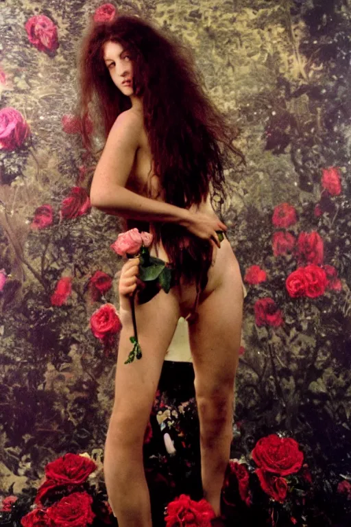 Prompt: pre-raphaelite heavy metal girl with dark hair and roses in the background, blurred detail, photo by Annie Leibovitz, 80's