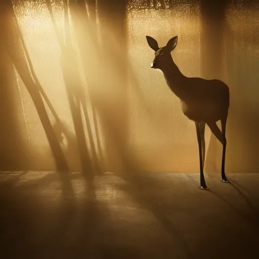 Prompt: a weak shadow of a small deer standing majestic outside a mega large industrial room with small windows, golden light, thick mist, backlit, insane details, hyperrealistic photo by jimmy nelson, trending on artstation