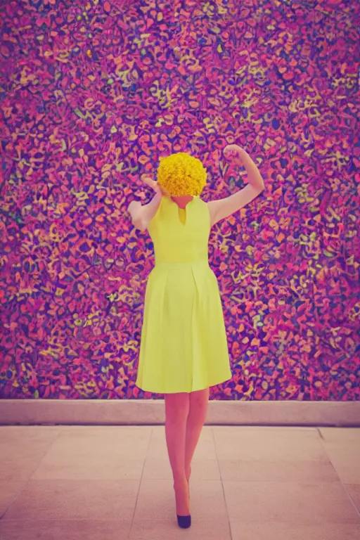 Image similar to giant flower head, frontal, girl standing in mid century hotel, surreal, symmetry, bright colors, cinematic, wes anderson