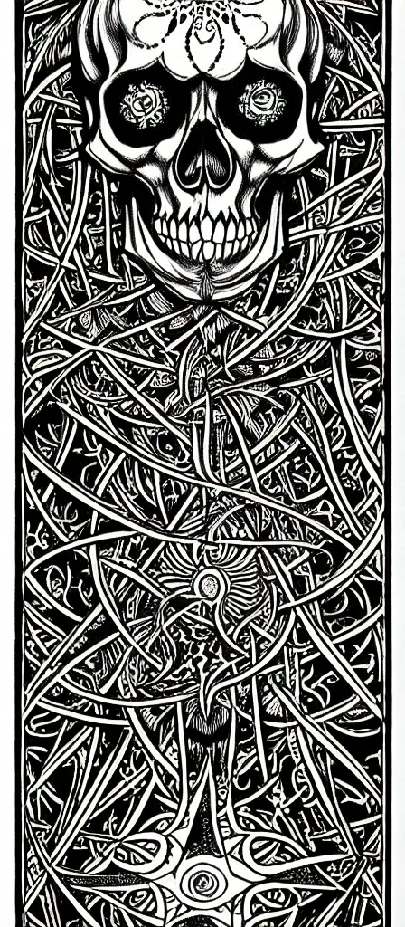 Image similar to a beautiful fractal tarot card featuring bold occult imagery with clean lines. skulls. punk. dimension. haeckel fish and sea creatures. detailed adult coloring book