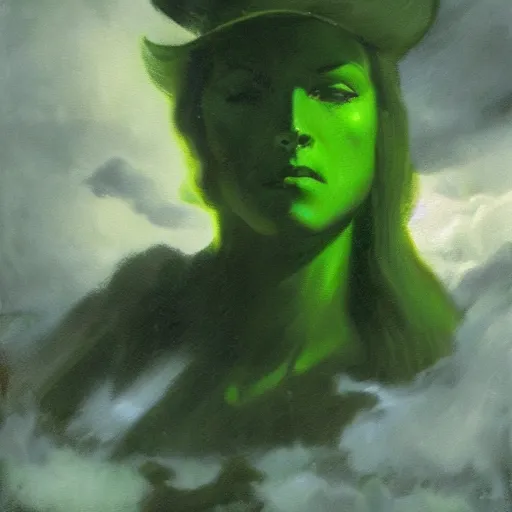 Prompt: ultra realistic portrait painting of a glowing green ghost in a cemetery, art by frank frazetta, vintage levi ’ s ad, stormy weather, dark vibes, 4 k, ultra realistic, highly detailed, epic lighting