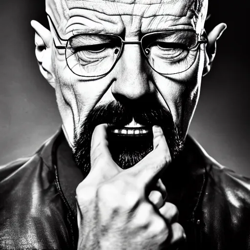 Image similar to angry walter white wiping blood off his mouth, extreme detail, studio light, photorealistic, gritty, movie still, cinematic, smoke, soft focus, well edited, 8 k, atmospheric, dark, leather jacket
