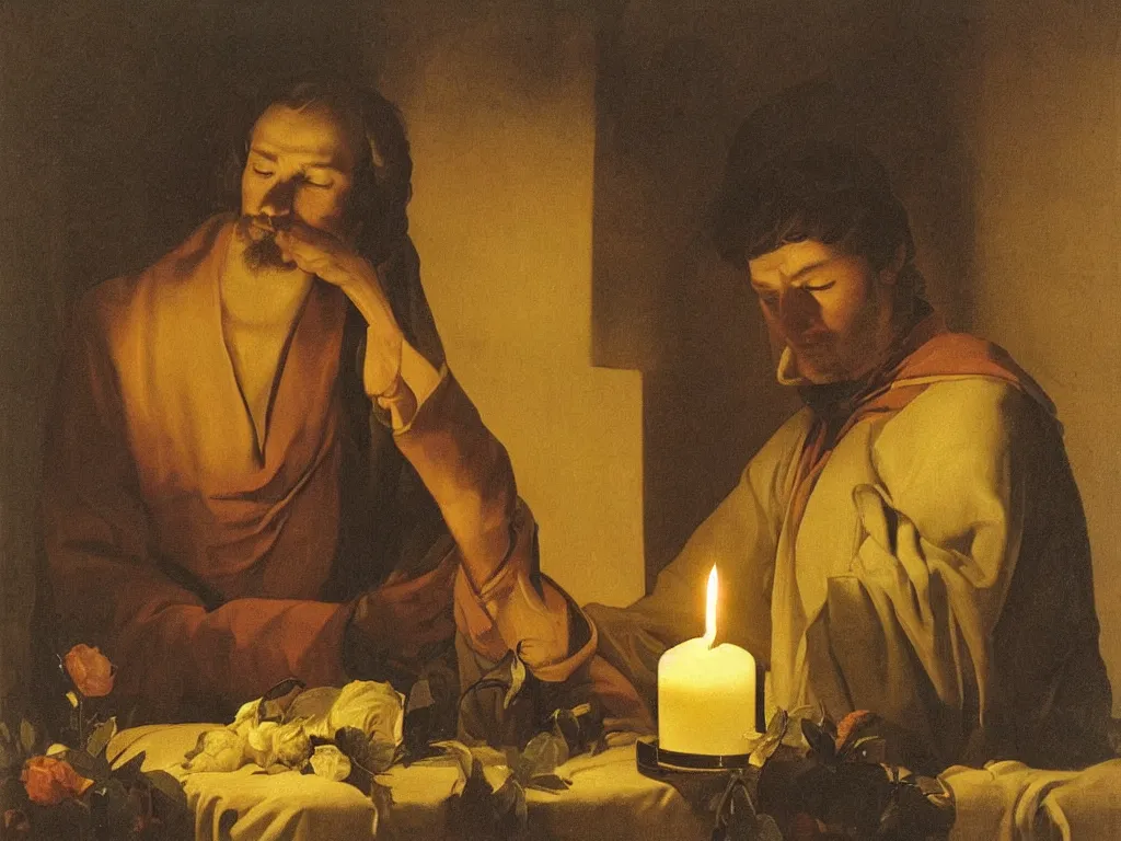 Image similar to Portrait of intense man with eyes closed, meditating at the candle light. Vase with wilted flowers. Painting by Georges de la Tour