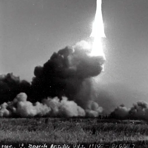 Prompt: archive photo of a prototype 1 9 4 0's spaceship launch