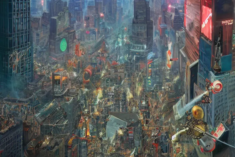 Image similar to 1 9 5 0's robots attacking times square highly detailed, us air force vintage planes firing guns explosions people running for dear life, atmosphere by peter mohrbacher and igor morski, very detailed, 2 4 mm lens, deep depth of field, artstation, 8 k