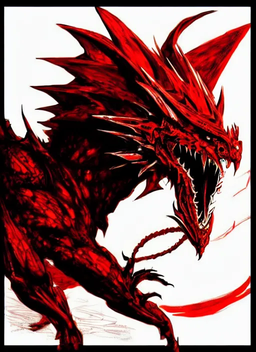 Prompt: Red and gold scaled dragon with blue eyes. In style of Yoji Shinkawa and Hyung-tae Kim, trending on ArtStation, dark fantasy, great composition, concept art, highly detailed.