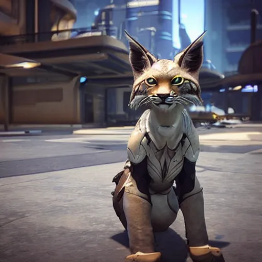 Prompt: “beautiful up close photo of an anthropomorphic lynx cat, wearing futuristic armour staring toward camera while sitting in the streets of area 18 on arccorp plaza, star citizen”