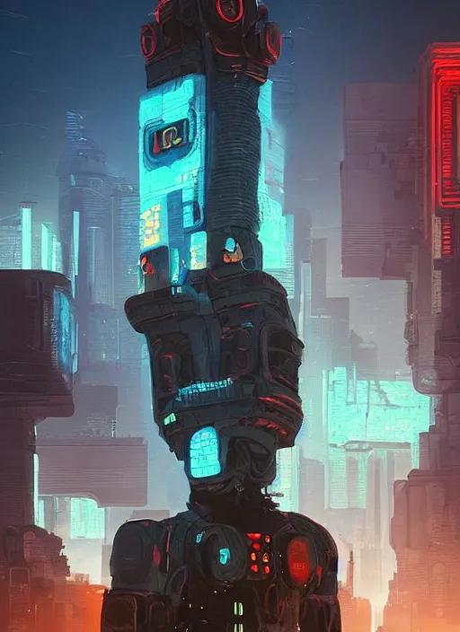 Image similar to a painting of a giant robot standing in front of a post apocalyptic city ruins, cyberpunk art by beeple, artstation hd, dystopian art, apocalypse art, sci - fi, glowing neon lights anamorphic lens flare