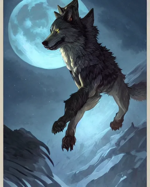 Image similar to '' Illustration a wolf (Fenrir), (night), (moon in the background), league of legends, Fenrir, LOL, fantasy, d&d, digital painting, artstation, concept art, sharp focus, illustration, art by greg rutkowski and alphonse mucha ''