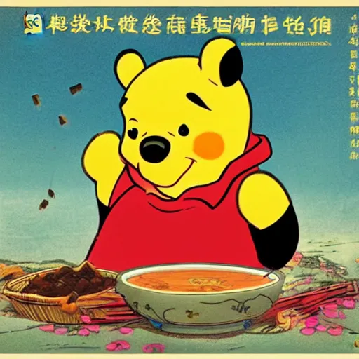 Image similar to Chinese propaganda poster of Winnie the pooh eating honey , high definition, 4k