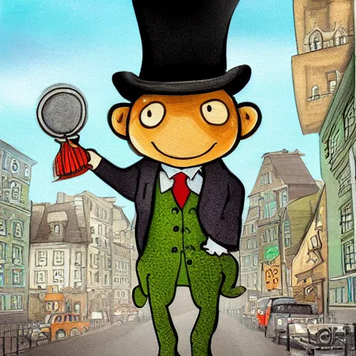 Prompt: cute painting of a frog dressed as a detective. The frog has a magnifying glass in one hand and a hat similar to Sherlock Holmes. The background is a city with small buildings. Stylized, matte coloring, childish look, on a page of an illustrated book for children, drawn with Photoshop