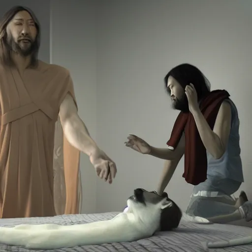 Image similar to hyper realistic unreal engine 4 render of a half - cat half - human asian jesus performing a miracle on a blind human