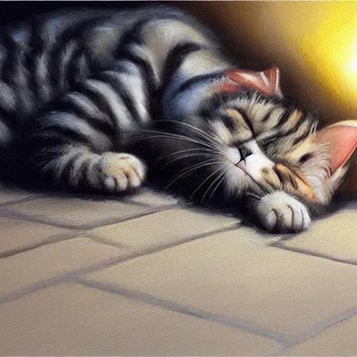 Image similar to a realistic painting of a cat sleeping on a sidewalk at night highly detailed trending on art station