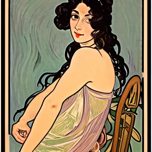 Prompt: painting of young dark haired tan! glassless! woman named kyra with darked haired glasses! wearing woman named kaelyn together at the cucumber soup party, elegant evening gowns!, pretty clothing!, modest, clear, stylized, art by alphonse mucha, vincent van gogh, egon schiele