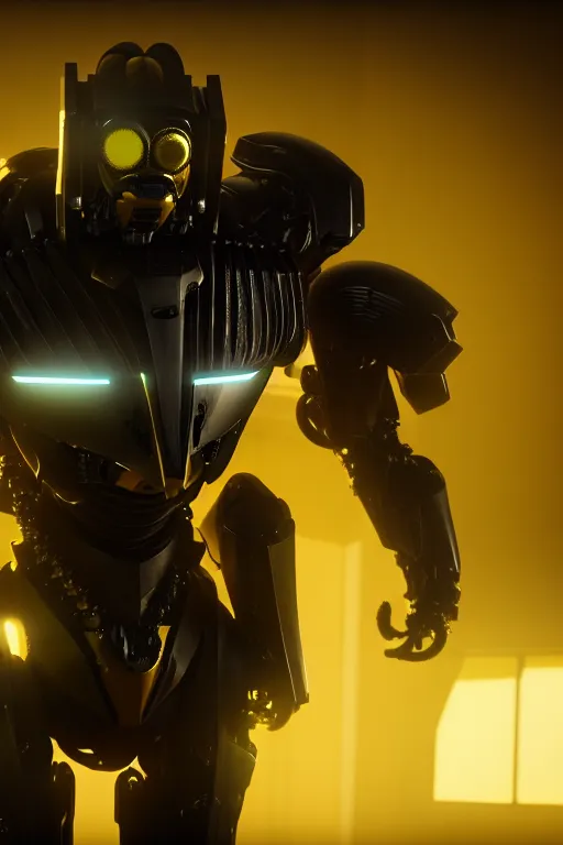 Image similar to a cinematic still from west world, yellow mech bumblebee, humanoid servo, octane render, nvidia raytracing demo, masterpiece, aged armor plating, aggressive head,