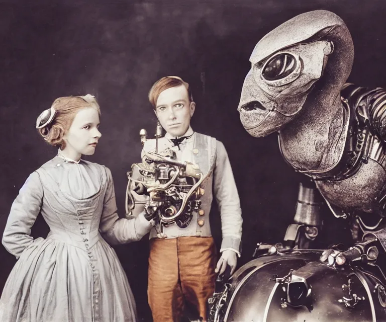 Prompt: detailed, sharp, a boy and a girl standing with her cute pet humanoid alien creature, wearing 1890s era clothes, in their spaceship, extremely highly detailed, steampunk, in focus faces, 70 mm film still from a period sci fi color movie, 4k, HD, cinematic lighting