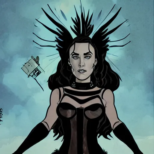 Image similar to Jennifer Connelly as dark angel gothic atompunk evil Disney villain queen with black feather hair, feathers growing out of skin, in front of space station window, Mike mignola, trending on artstation, comic book cover, illustration