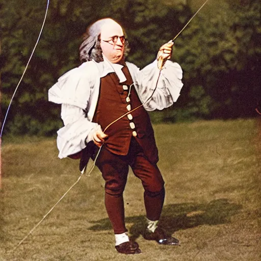 Image similar to color photograph of benjamin franklin riding on a kite