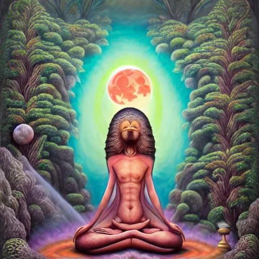 Image similar to an anthromorphic wolf meditating in a zen garden with a waterfall under the blood moon, by Adi granov and afarin sajedi and amanda sage and evgeni gordiets and Agostino Arrivabene and lisa frank in a psychedelic portrait style, ultrarealistic matte painting, volumetric lighting, fractal, extremely symmetrical, highly detailed face, orisha, 8k, hd