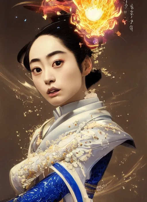 Prompt: portrait of ravishing Japanese Princess Suzu Hirose unleashing a devastating multiversal blazing fireball, wearing futuristic luxurious white and little royal blue details suit, captivating, beautiful look, face anatomy, surreal and allegorical, octane render, art by Karol Bak, Karol bak pastiche