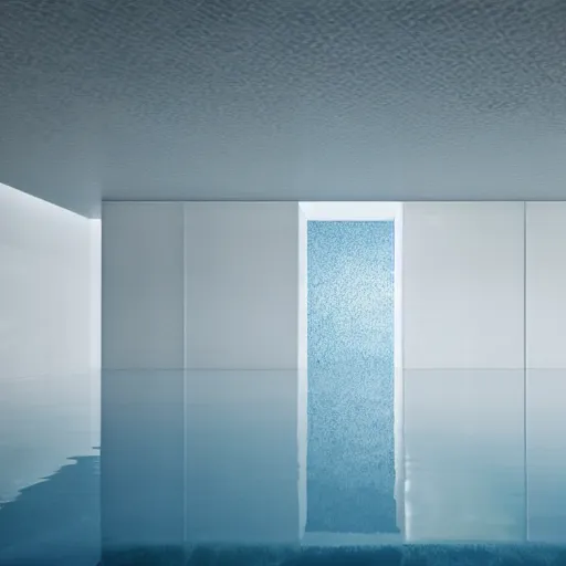 Image similar to flooded room made of white tiles, liminal space, surreal, minimalist architecture, blue water,