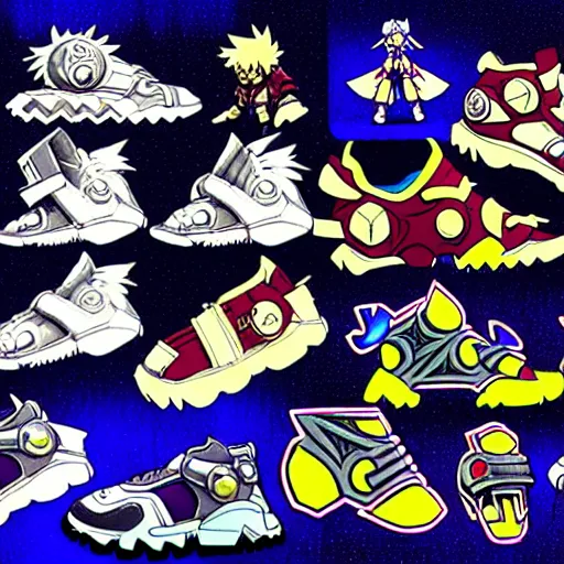 Image similar to fantasy jrpg sneaker design designed by capcom megaman, chrono trigger guilty gear sneaker styles, aztec mayan street fashion native punk sneaker design, focus on megaman hip hop sneaker design with subtle mayan patterns, trending on pixiv fanbox, painted by akira toriyama and studio ghibli princess mononoke megaman capcom