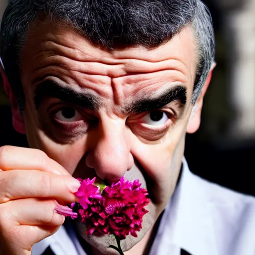 Image similar to photo of rowan atkinson eating a flower, highly detailed, extremely high quality, hd, 4 k, 8 k, professional photographer, 4 0 mp, lifelike, top - rated, award winning, realistic, detailed lighting, detailed shadows, sharp, no blur, edited, corrected, trending