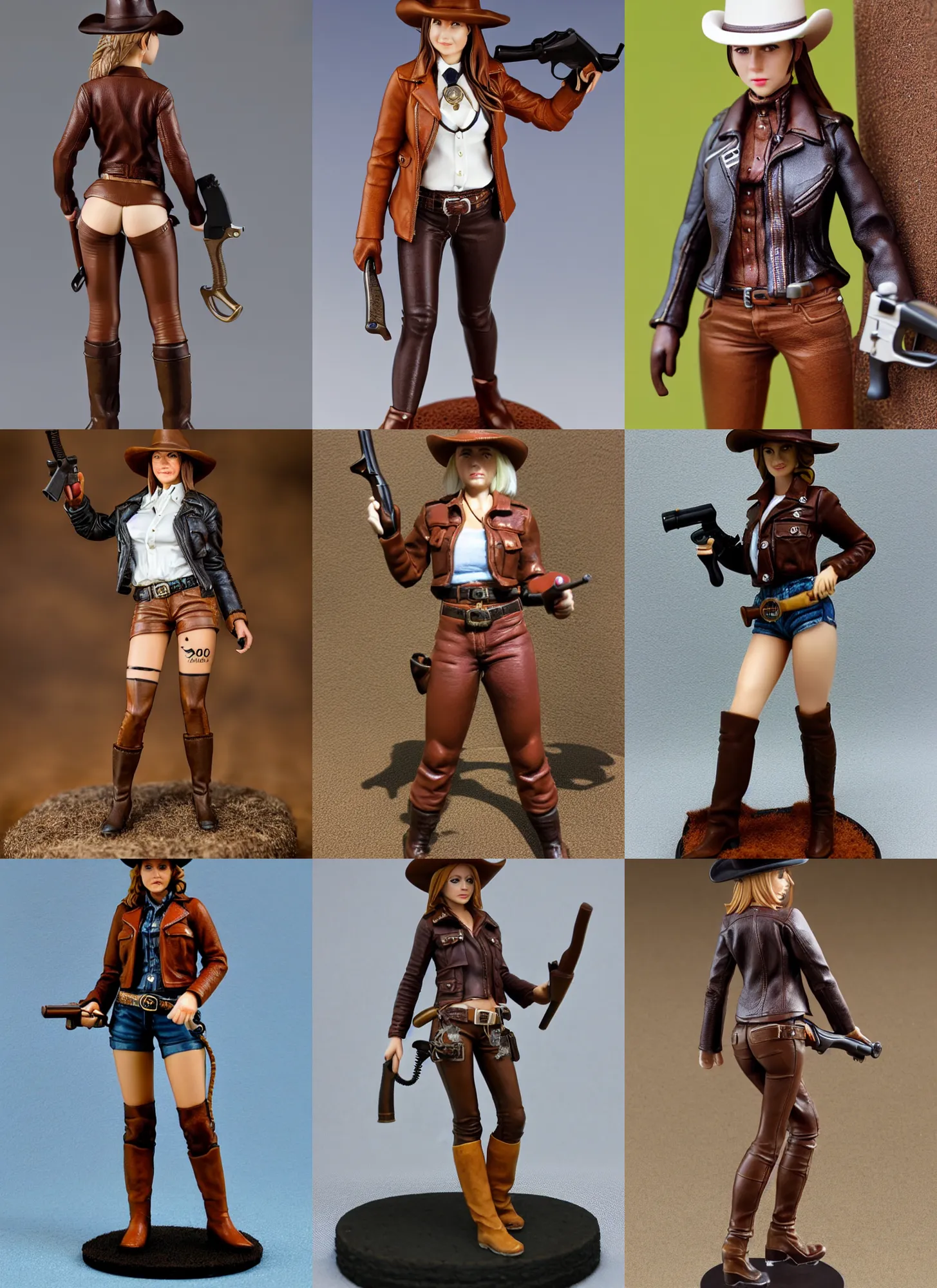 Prompt: 80mm resin detailed miniature of a cow girl, Short brown leather jacket, hot-pants, thigh skin, ten-gallon hat, holds a revolver in her right hand, on textured disc base; Miniature product Introduction Photos, 4K, Full body