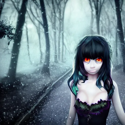 Image similar to focus face portrait of beautiful darkness witch 3D anime girl, dark forest background, snowing, bokeh, inspired by Tim Burton, digital painting, unreal engine render, volumetric light, high détail