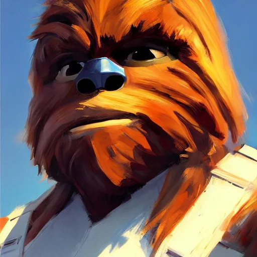 Image similar to greg manchess portrait painting of chewbacca as overwatch character, medium shot, asymmetrical, profile picture, organic painting, sunny day, matte painting, bold shapes, hard edges, street art, trending on artstation, by huang guangjian and gil elvgren and sachin teng