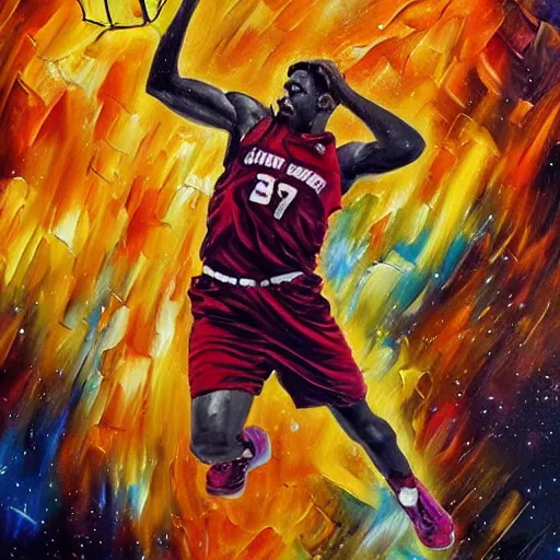 Image similar to An expressive oil painting of a basketball player dunking, depicted as an explosion of a nebula